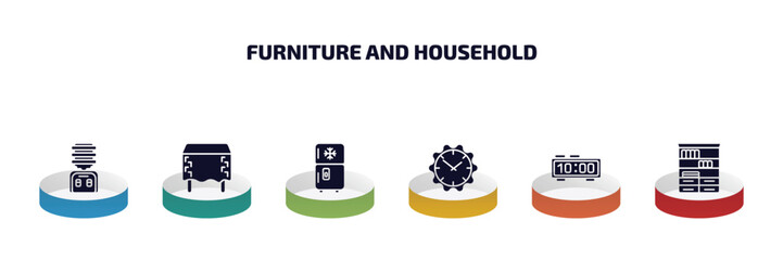 Wall Mural - furniture and household infographic element with filled icons and 6 step or option. furniture and household icons such as water dispenser, table linens, fridge, wall clock, table clock, bookshelf