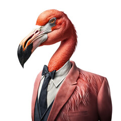 Wall Mural - Portrait of a flamingo dressed in a formal business suit on white background, transparent png, generative ai