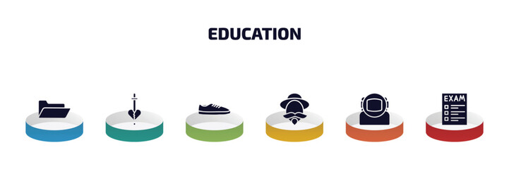 education infographic element with filled icons and 6 step or option. education icons such as folder, romeo and juliet, shoe, don quixote, astronaut, exam vector.