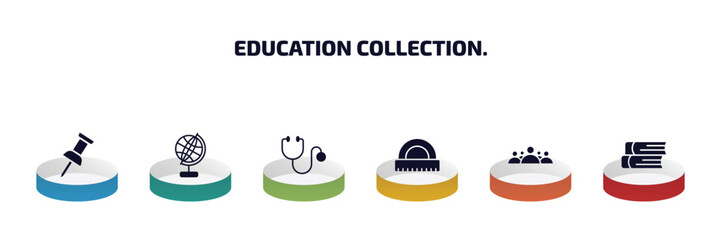 education collection. infographic element with filled icons and 6 step or option. education collection. icons such as pushpin, school globe, cardiology tool, semicircle with ruler, group of people,