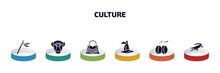Culture Infographic Element With Filled Icons And 6 Step Or Option. Culture Icons Such As Native American Flute, Chimp Face Of Brazil, Crocodile Leather Bag, Pico Cao, Coffee Grains, Australian