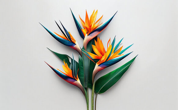 flowers creative composition. bouquet of bird of paradise flowers plant with leaves isolated on whit