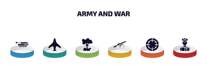 Wall Mural - army and war infographic element with filled icons and 6 step or option. army and war icons such as tank, airplane, bomb detonation, automatic gun, target, general vector.