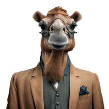 Portrait Of A Camel Dressed In A Formal Business Suit On White Background, Transparent Png, Generative Ai