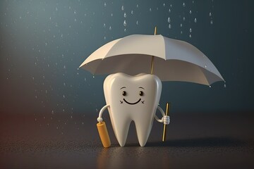 Sticker - In the background, a tooth is hidden by an umbrella, and a dental office is visible. Care for your teeth and body by getting dental and medical insurance. Generative AI