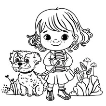 A Girl And Her Dog Are Standing In A Garden. Black And White Vector Illustration.