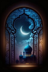 Wall Mural - View from window on the Muslim mosque and the crescent moon at night. Ai generative.