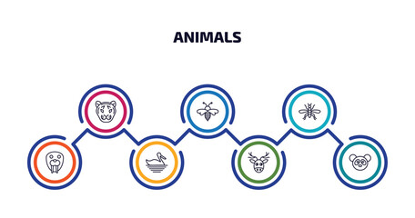 Wall Mural - animals infographic element with outline icons and 7 step or option. animals icons such as tiger, wasp, mosquito, walrus, pelican, moose, panda vector.