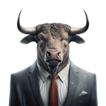 portrait of a bull dressed in a formal business suit on white background, transparent png, generativ