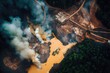 Aerial view of deforested area of the Amazon rainforest caused by illegal mining activities, created with Generative AI
