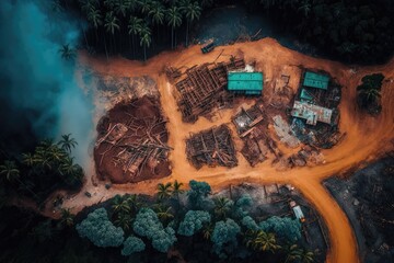 Wall Mural - Aerial view of deforested area of the Amazon rainforest caused by illegal mining activities, created with Generative AI
