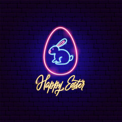 Sticker - Happy Easter Egg Bunny Neon Label. Vector Illustration of Spring Christianity Religion Holiday Glowing Led Electric Light.