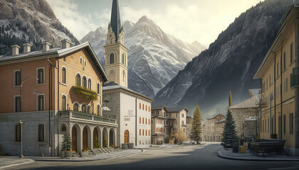 Wall Mural - Berglandschaft in Österreich Tirol Salzkammergut mit Bergen Seen Flüssen Illustration Background Hintergrund Photorealismus Cover Generative AI Digital Art Kunst