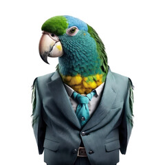 Wall Mural - Portrait of a parrot dressed in a formal business suit on white background, transparent png, generative ai