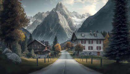 Wall Mural - Berglandschaft in Österreich Tirol Salzkammergut mit Bergen Seen Flüssen Illustration Background Hintergrund Photorealismus Cover Generative AI Digital Art Kunst