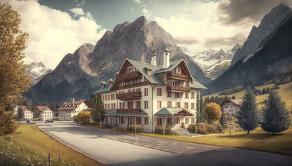 Wall Mural - Berglandschaft in Österreich Tirol Salzkammergut mit Bergen Seen Flüssen Illustration Background Hintergrund Photorealismus Cover Generative AI Digital Art Kunst