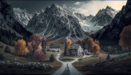 Wall Mural - Berglandschaft in Österreich Tirol Salzkammergut mit Bergen Seen Flüssen Illustration Background Hintergrund Photorealismus Cover Generative AI Digital Art Kunst