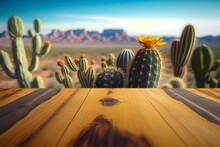 Empty Wooden Table Or A Wooden Table With Cacti With Flowers With Succulents Of Nature Background With Green Leaves In The Form Of A Product Of A Product Of A Natural Background Concept. Generative AI