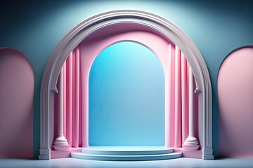 Wall Mural - The pink pastel spotlight arches on the stage of an empty theater serve as a festive backdrop for a performance. Incorporating a clipping path into an object's elemental structure. Generative AI