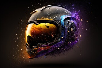 Wall Mural - Studio shot of a biker's helmet with a liquid galaxy within, seen from the front. Generative AI