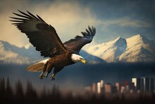 A Bald Eagle, Potentially A North American One, Soaring Over Undeveloped Terrain. Generative AI