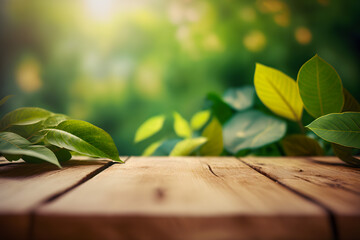 Empty wooden table or desk with forest nature background with green leaves as frame Product display natural background concept. Generative AI