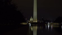 Lockdown Shot Of Government Office And Washington Monument By River At Night