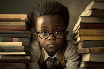 a  fictional illustration of a smart educated Afro-American kid with glasses in front of books, education concept, generative ai