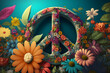 Hippie peace sign close-up with brightly colored flowers on teal background. Summer illustration. Concept of nostalgia. Generative AI.