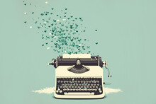 Concept Of Vision, Fantasy And Dreams. Classic Mechanical Typewriter With Paper Page Ready For Writing. Sheet Of Paper With Letters Turns Into A Hearts And Flies Up. Cartoon Illustration Generative AI