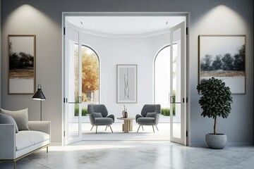 Poster - Welcome home concept, interior design idea, traditional white glass door leading into contemporary living room with armchairs and concrete walls, table, and decors. Generative AI