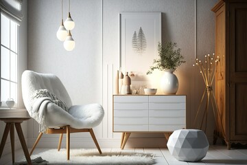 Poster - Elegant arrangement of modern home furnishings in a scandinavian style, including a design armchair, commode, wooden stool, lamp, décor, loft wall, and personal accessories. Generative AI