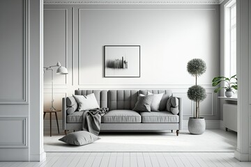 Wall Mural - Gray sofa in sparse white Scandinavian living room. Generative AI