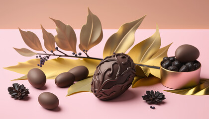 Wall Mural - Easter Composition with Olive Branch and Easter chocolate. 3D realistic illustration. Generative AI