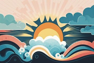 Sticker - Cartoonishly adorable sun rising over the sea, complete with waves, a star, and some clouds. A global platform for fastary water and. Generative AI