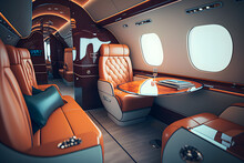 Luxury Interior In The Modern Business Jet And Sunlight Table With Booze And Cutlery, Food In Flight Clouds Through The Porthole. Generative AI