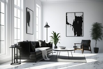 Wall Mural - The modern, light living area features a black sofa, armchair, floor lamp, coffee table, and decorative accessories. Model of a living room how it may appear inside. Light and airy space with a contem
