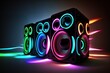 Group of sound speakers in neon light. Background with selective focus. AI generated, human enhanced