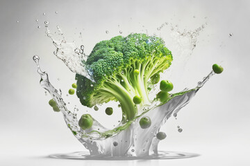 Wall Mural - Close-up of broccoli splattered with water drops on white background (Generative AI)