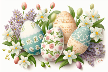 Easter eggs in pastel shades in a tray with spring flowers and herbs. Generative AI