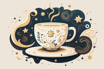 Wall Mural - Astrology flat lay with scrolls and stars in a teacup that has exploded like a supernova. Generative AI