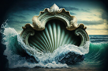 Ornate Victorian Style Seashell Frame Surrounded By Ocean Waves - Vintage Digital Painting - Generative AI
