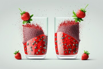 Wall Mural - Diet friendly red berry smoothies with chia seeds in glasses on a grey background. A zoomed in, copy friendly closeup. Generative AI