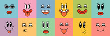 Cartoon Style Smiley Character Face Set On Square Colorful Stickers. Different Emotions Emoji Collection. Cute Funny Smile Faces. Positive Cartoon Facial Expressions. Comic Happy Vector Eps Smiles