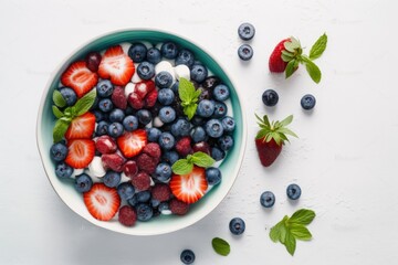 Canvas Print - Strawberry, blueberry, and sweet cherry fruit salad on a white wooden background. Top down, flat lay. Generative AI