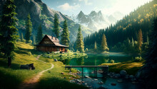 Beautiful Mountain Summer Landscape With Green Hills. High Quality Illustration