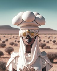 Priestess Woman in the Mushroom Desert Futuristic Paste Colored Fashion Shoot. Generative AI. 