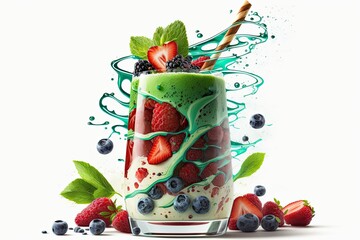 Wall Mural - Smoothie made with fresh fruit and berries, served in a glass and set against a white background. Generative AI