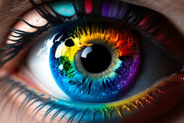 Wall Mural - Female eye closeup with rainbow pupil. Generative AI