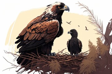 Wall Mural - Bird cam captures eagle and chick in LA nest. Generative AI